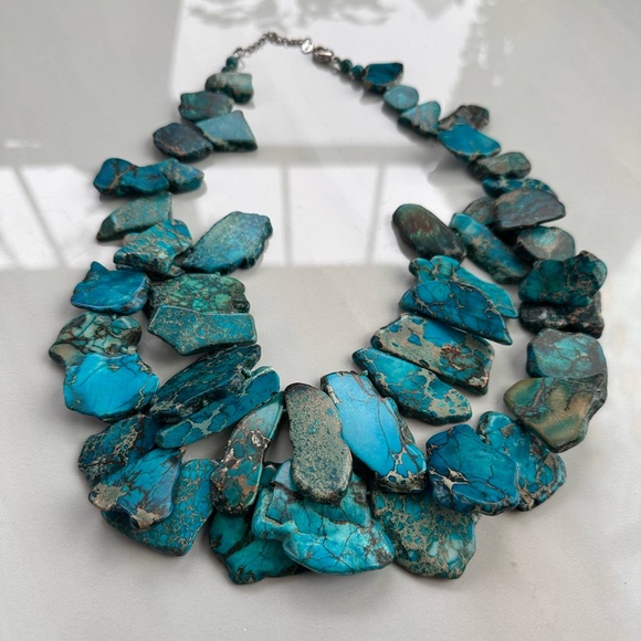 Aqua Jasper Gemstone Slab Statement Necklace-Sterling Silver-Boho Chic - Picture 2 of 8